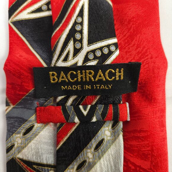 Bachrach Red Black Abstract Geometric Silk Mens Tie 57.5" x 4" Made In Italy - Picture 3 of 6